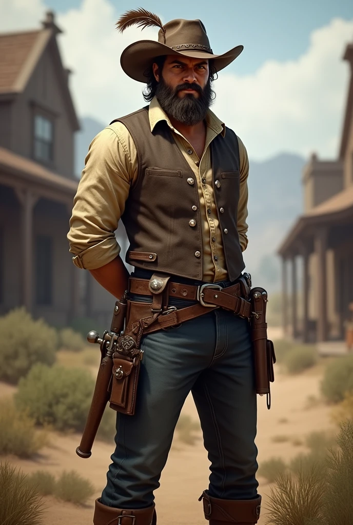 full body art of a He has combed brown hair and a slightly unkempt beard. His eyes are brown. Use John Marston from Red Dead Redemption as a reference, with a vest and rolled up sleeves. He wears a hat with a feather. He has both hands behind his back in a soldier pose. He is American, with a strong sense of brotherhood, and wears regular pants and boots with spurs. I would like the art to be in a fantasy RPG style, set in the Old West.