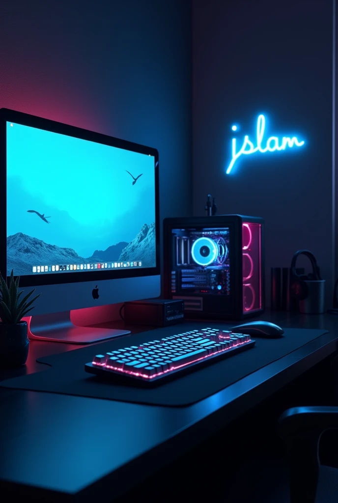 A captivating digital illustration of a personal
gaming room, exuding a dark and cozy ambiance.
The apple monitor is off, but the minimal RGB
neon lighting on the CPU and gaming keyboard
casts a soft glow. A low light from a lamp creates
shadows around the room, enhancing the moody
atmosphere. A distinct neon sign reading "Ij islam" in vibrant neon Blue colors adorns one
corner of the space. The desktop is illuminated
by a subtle RGB neon backlight, creating an
immersive and inviting gaming sanctuary. font to
be in minimal style