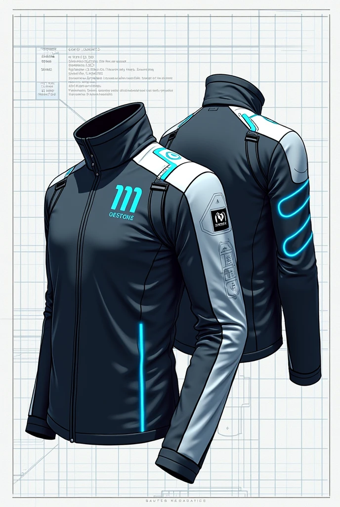 Create a futuristic jacket design in a technical illustration style, focusing on a structured and schematic look. The jacket should have a high, stand-up collar and be primarily black with blue and white accents. The right sleeve should be solid white with blue line detailing, and the letter 'M' should be prominently displayed on the shoulder. Present the jacket in front and back views, using clear, straight lines and a grid-like background. The style should mimic an engineering blueprint, highlighting precision and design detail