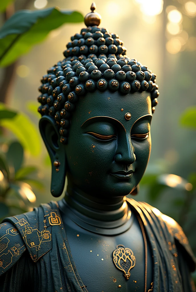 hightech cyber buddha statue with visible circuits on his face, from the future, cyberpunk, highly detailed, hyper realistic, intricate details, obsidian, shiny, reflective, glowing aura, dramatic lighting, cinematic composition, serene expression, peaceful meditation pose, ornate decorations, gold accents, natural environment, lush foliage, sunbeams, photorealistic, 8k, masterpiece, cs-m3tal-ok_v06-1000