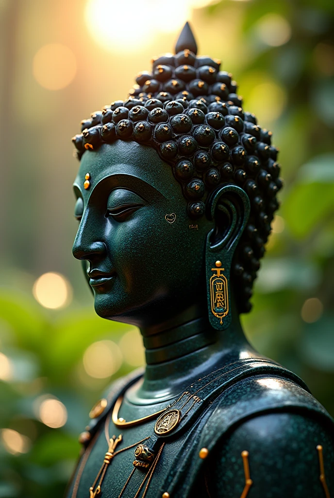 hightech cyber buddha statue with visible circuits on his face, from the future, cyberpunk, highly detailed, hyper realistic, intricate details, obsidian, shiny, reflective, glowing aura, dramatic lighting, cinematic composition, serene expression, peaceful meditation pose, ornate decorations, gold accents, natural environment, lush foliage, sunbeams, photorealistic, 8k, masterpiece, cs-m3tal-ok_v06-1000