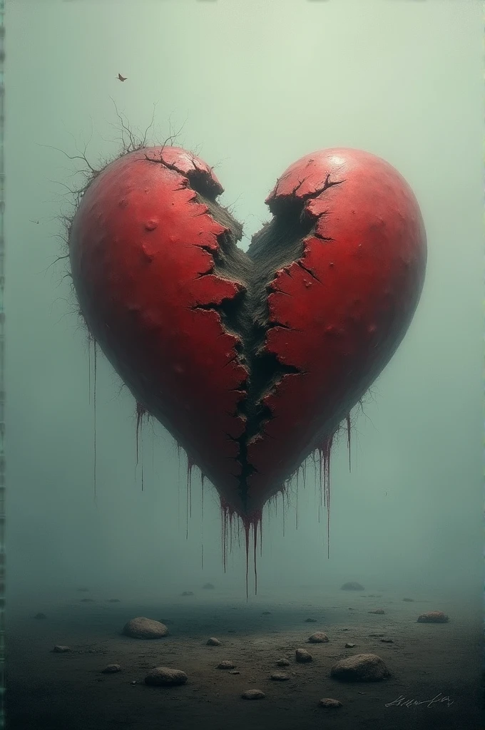 An image of a heart that's missing pieces, surrounded by a somber or empty backdrop.