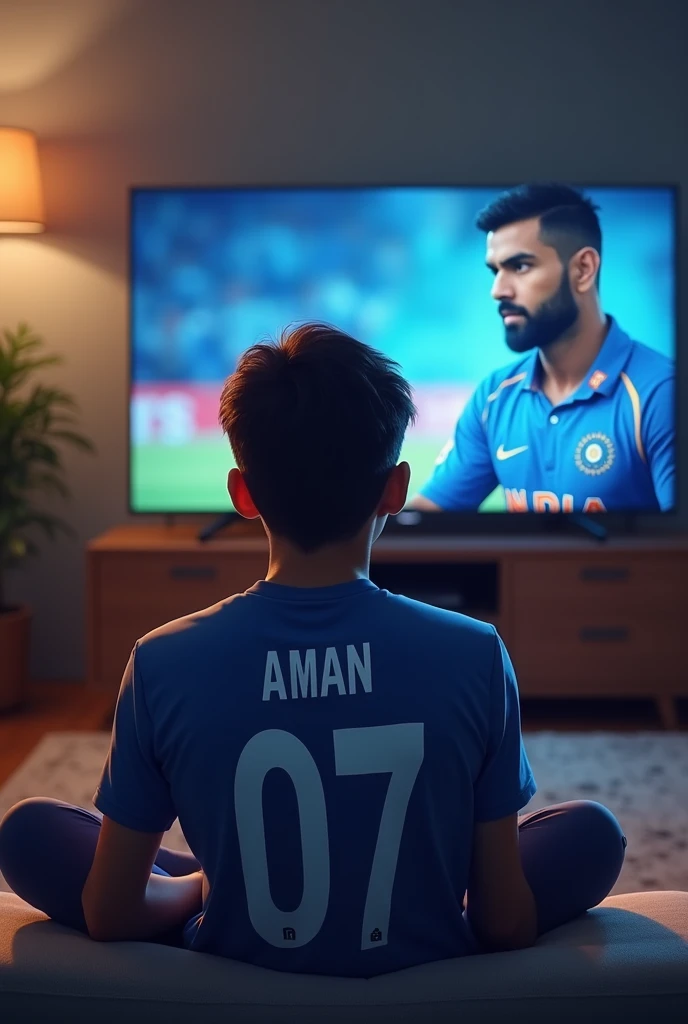 Aman watching msd in tv with Indian tshirt with name Aman rwt 07 number and in tv msd