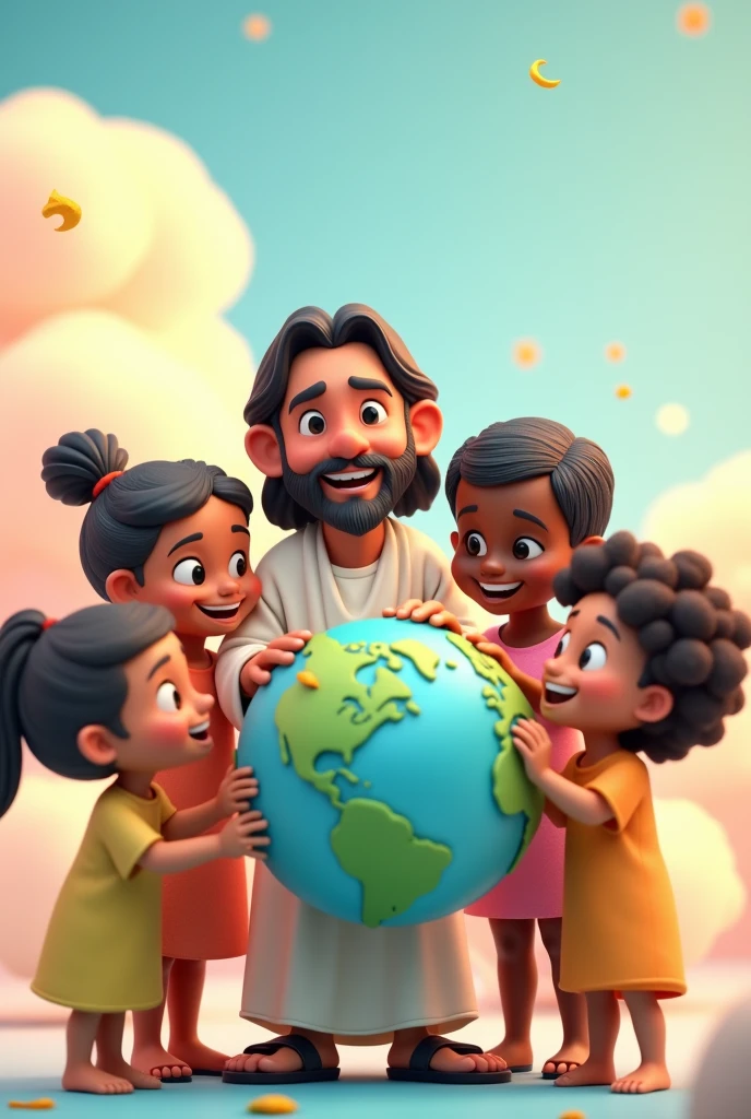 3d cartoon png of Jesus painting planet earth and children of various races looking happy