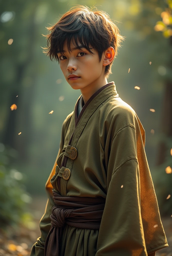 Slave boy 16, tall,, ( Brown or green outfit) china slave outfit,short brown hair, detailed face, detailed brown beautiful eyes,  full body photo (intricate:1.3), (arcane aura:1.2), (dreamlike:1.3), (subtle mist:1.1),(vibrant colors:1.2), (detailed hair:1.3), (ultra realistic details:1.5)