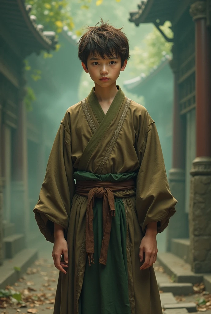 Slave , tall,, ( Brown or green outfit) china slave outfit,short brown hair, detailed face, detailed brown beautiful eyes, full body photo (intricate:1.3), (arcane aura:1.2), (dreamlike:1.3), (subtle mist:1.1),(vibrant colors:1.2), (detailed hair:1.3), (ultra realistic details:1.5)