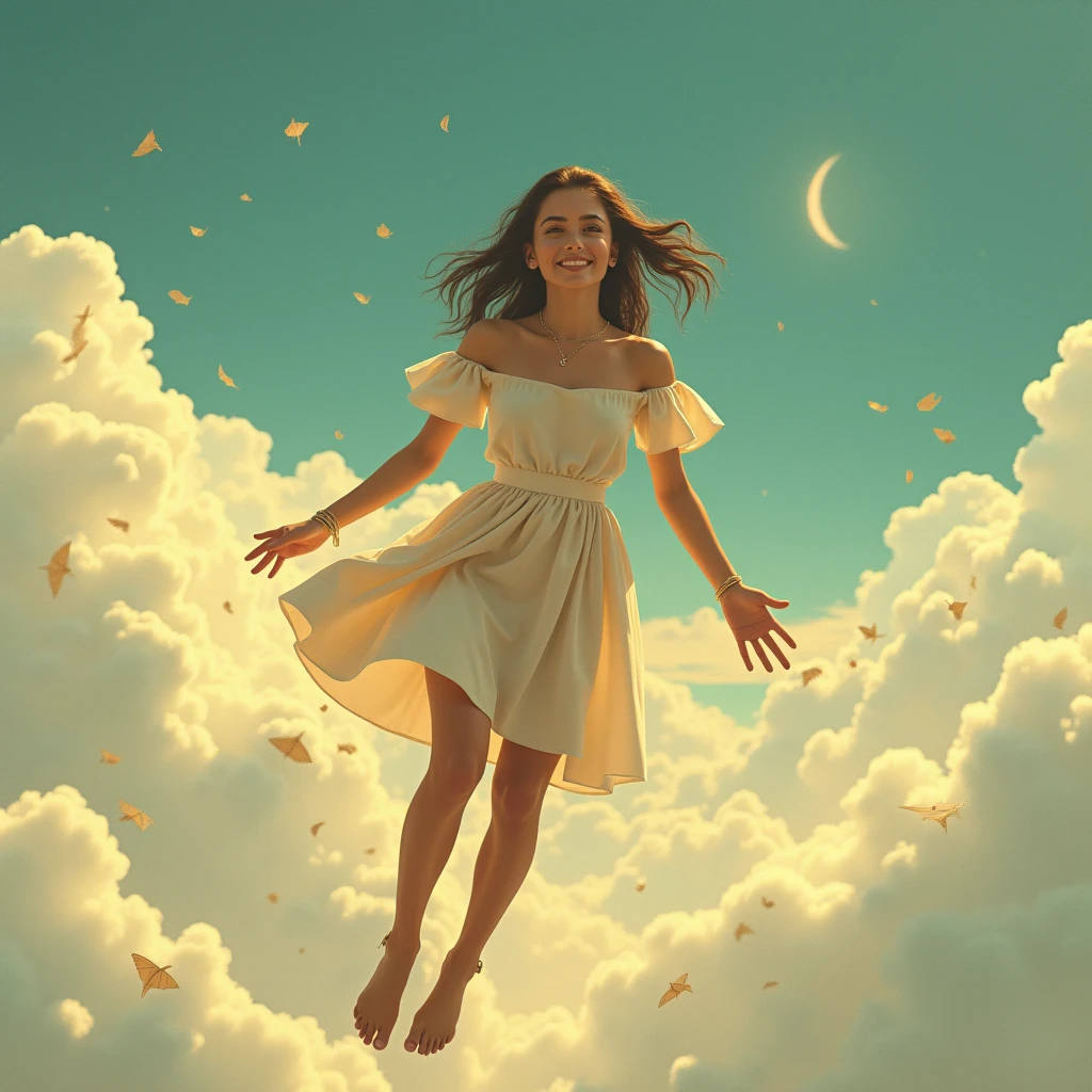 work of art, best qualityer, movie film still, 1 girl, Floating in the sky, nube, vintage poster, retro, (close up:1.1), Ablaze, glad, fun, soft lighting, (Bauhaus, shapes, lines, abstrato:1.1)
