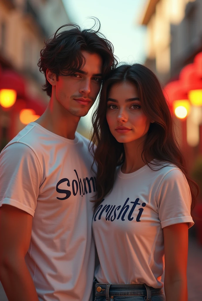 A hot girl standing with boy
On her t shirt soham and shrushti name