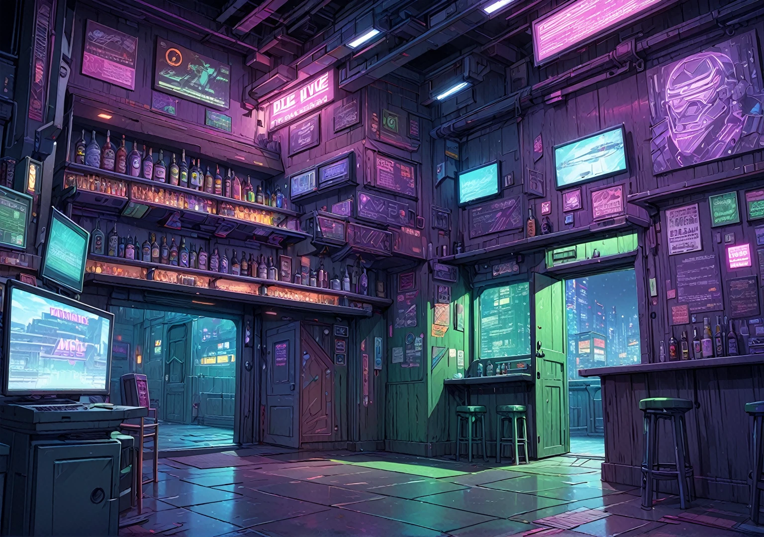 illustration, detailed illustration, ultra detailed, dive bar, cyberpunk, purple and green, dark interior, sci fi, night, (shadowy:1.3), open door, sci fi skyline in background, empty