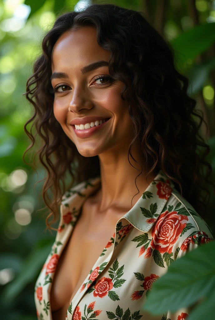 A Brazilian woman in a lush tropical garden, wearing an open shirt with a floral print, with a close-up capturing the harmonious beauty between her breasts and the natural flowers, showing off your natural charm and outgoing personality.