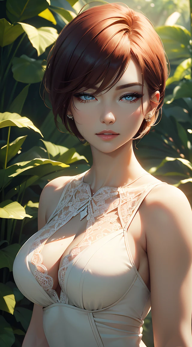 a beautiful girl with short red hair in a bob cut, green eyes, a pretty round face, detailed facial features, wearing a white dress, standing in a lush green garden, the sunlight filtering through the trees, (best quality,4k,8k,highres,masterpiece:1.2),ultra-detailed,(realistic,photorealistic,photo-realistic:1.37),vibrant colors,cinematic lighting,highly detailed portrait