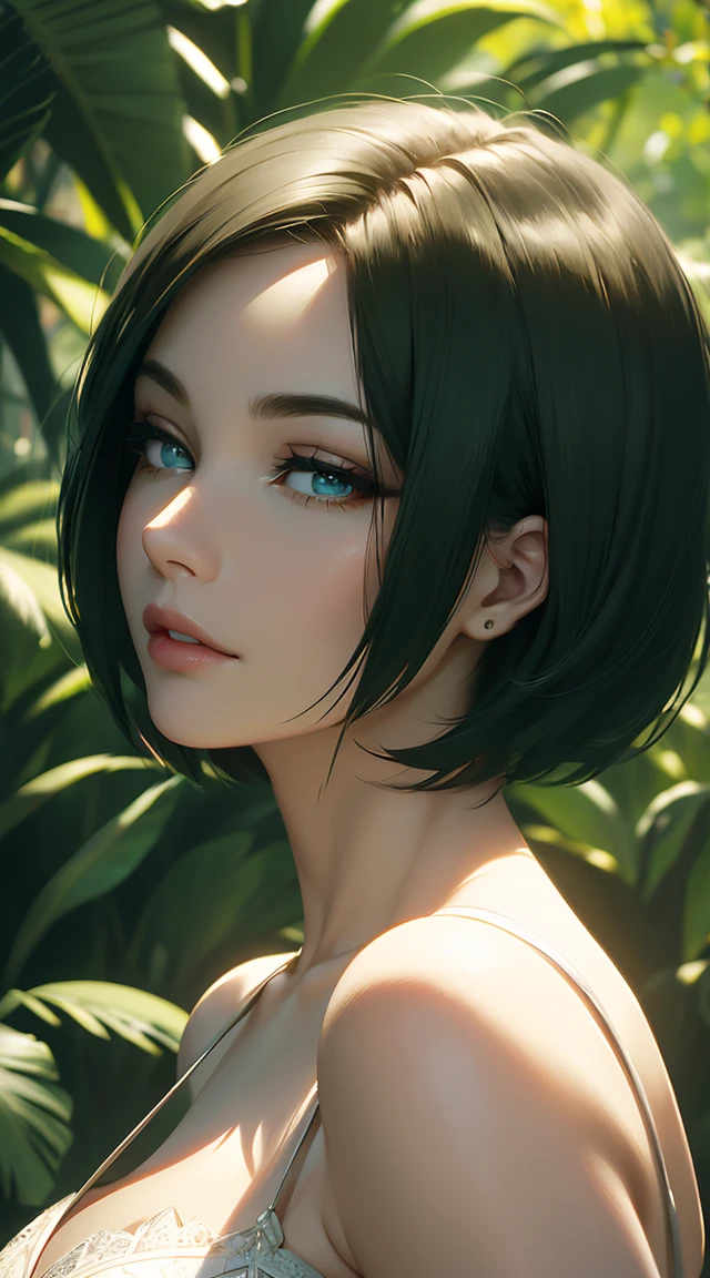 a beautiful girl with short red hair in a bob cut, green eyes, a pretty round face, detailed facial features, wearing a white dress, standing in a lush green garden, the sunlight filtering through the trees, (best quality,4k,8k,highres,masterpiece:1.2),ultra-detailed,(realistic,photorealistic,photo-realistic:1.37),vibrant colors,cinematic lighting,highly detailed portrait