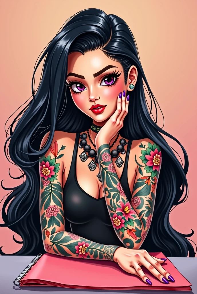 Animated tattooed manicurist with black hair