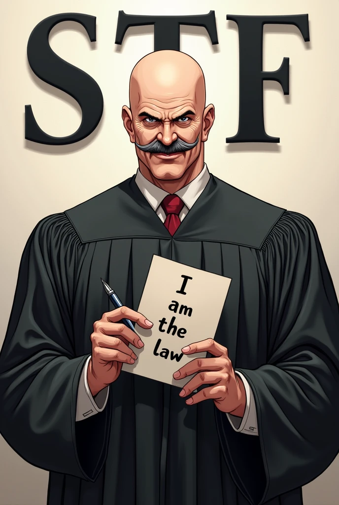 A completely bald supreme court judge with a sarcastic smile and a very small mustache with a pen in one hand and in the other hand with a sheet of writing "I am the Law" in the background a wall with the word STF written on it