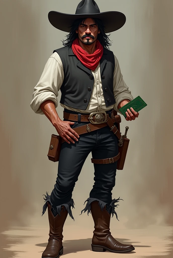 Make a full body art of a well-groomed adult Mexican street vendor with long, messy dark hair and a neat mustache and goatee. He wears a dark vest and a plain white shirt. He wears a black hat. He wears black pants with a buckle. A red scarf is wrapped around his neck and boots with spurs. He holds a green deck of cards in one hand, while the other hand is in his pocket. The character should be styled in a fantasy RPG art style, set in the Wild West. He is mature.