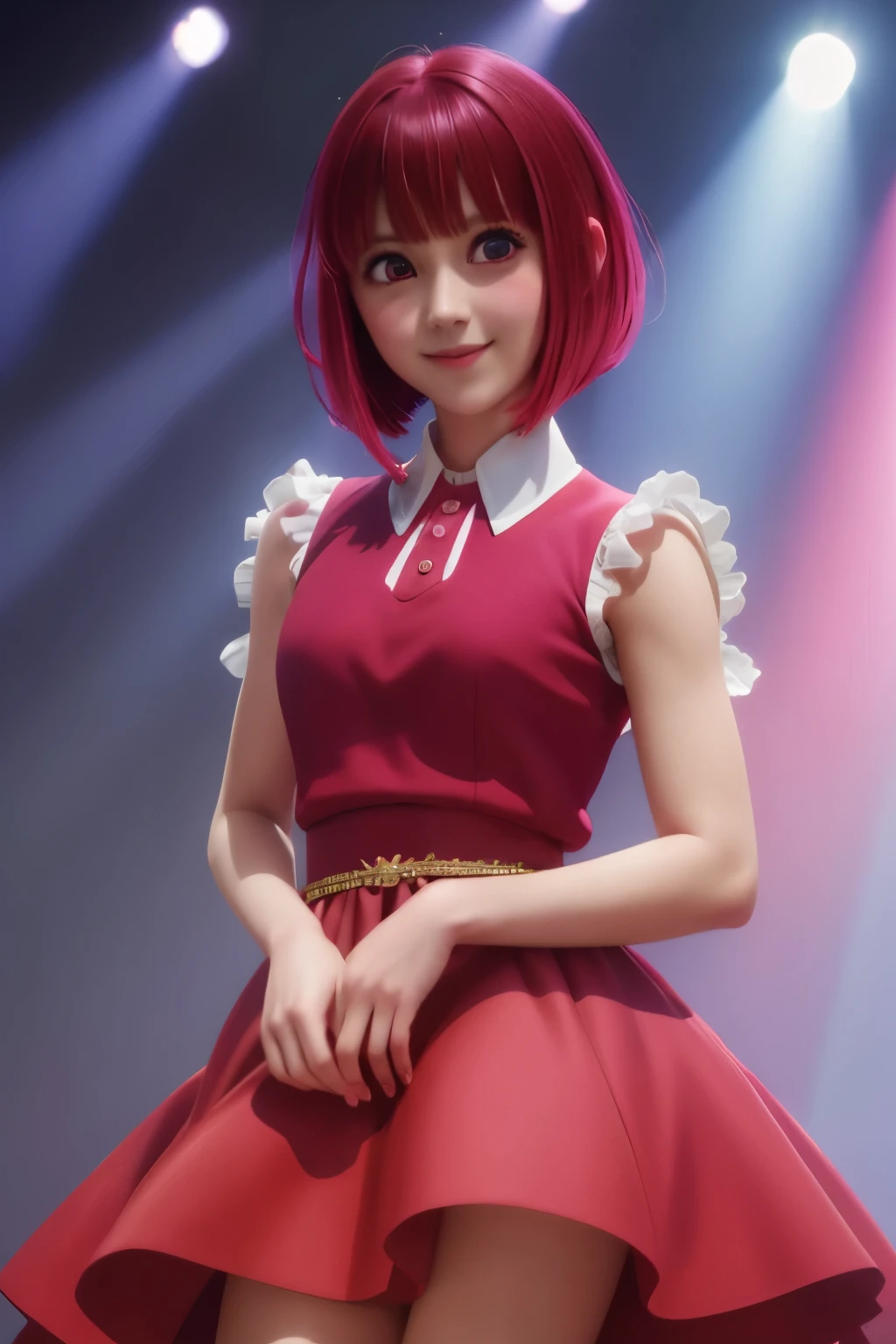 1girl,dress pink,b-komachi dress,cute dress,arima kana, short hair, pink dress,red hair, red eyes, smiling on stage,half body photo, ultra detail, ultra HD, masterpiece, stunning, looking at viewer,Holding a mic