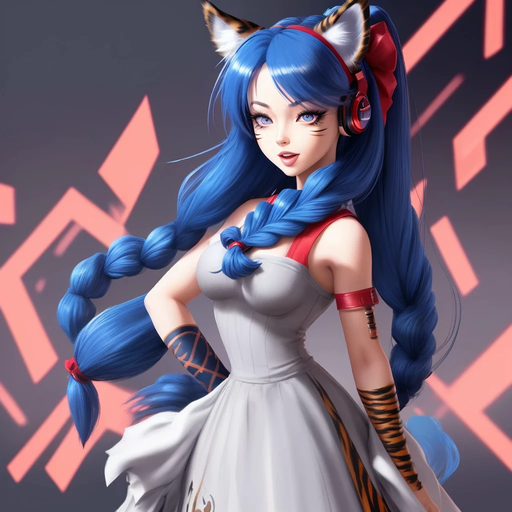 1 girl, a high resolution, masterpiece, Best quality, accuracy, In detail, quality, high detail, very detailed, Retina of the eye, long hair, Double tails, Red hair, high ponytail, Crystal hair, bang, big breasts, Cat's ears, Wolf ears, tiger ears, blushing, Smile, Blue eyes, open mouth, Red eyes, closed mouth, language, parted lips, Stick out tongue, makeup, slight smile, simple background, back view, Widescreen format, Close-up, A number of people, Focal length 35 mm, 360 degree view, 3D isometry, hair ornament,Virtual Reality Helmet, Face painting, headphones, anime, anime style, Divine Rays, Fill an image, chiaroscuro, Shadow of a character image in a standing pose, Loose shoulder length hair, 