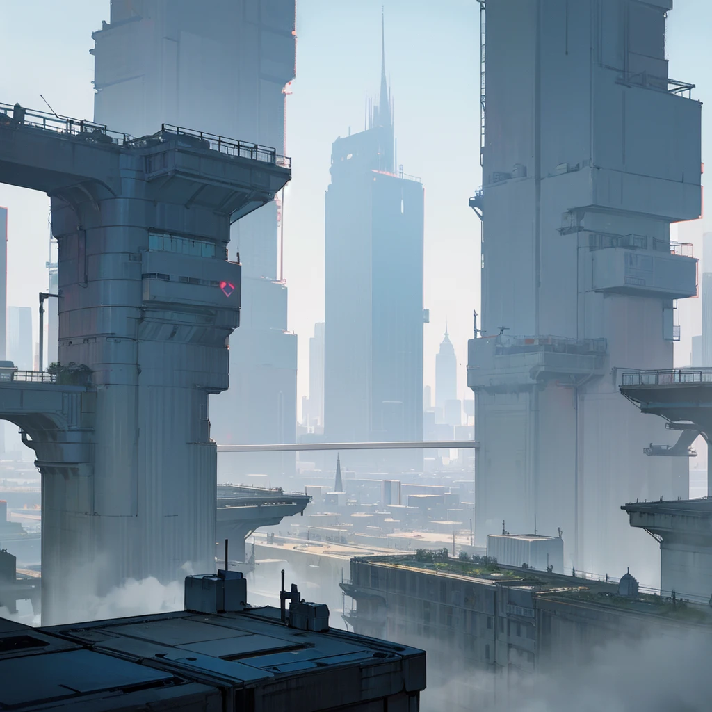 Panoramic view of a large landscape of a mega metropolis city with a futuristic retro future style with large buildings and large skyscrapers of sizes of 900 meters high that the buildings have all kinds of shapes and geometric shapes and not only rectangular shapes but all kinds of shapes that the buildings are made of dark black metal and that the city is super technologically advanced that the city has streets and some small buildings ,that it has a dystopian style and that there is fog and that the architecture of the city is that it has all kinds of shapes