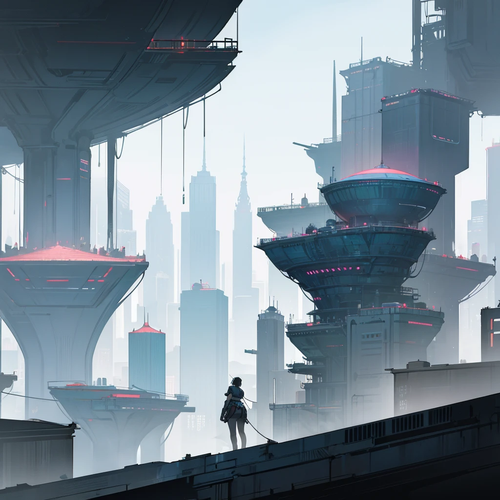 Panoramic view of a large landscape of a mega metropolis city with a futuristic retro future style with large buildings and large skyscrapers of sizes of 900 meters high that the buildings have all kinds of shapes and geometric shapes and not only rectangular shapes but all kinds of shapes that the buildings are made of dark black metal and that the city is super technologically advanced that the city has streets and some small buildings ,that it has a dystopian style and that there is fog and that the architecture of the city is that it has all kinds of shapes 

