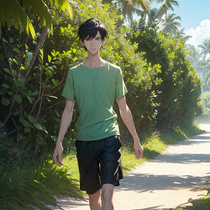 Anime Style, Character Design, HD, Best Quality, Masterpiece, High Details, High resolution, fantasy, carefully detailed, no deformities, character alone.
{{(1character: a 22 young man civilian:(pale skin, short black hair, he stands 1,88 meters tall, slender body complexion, green eyes, short nose, thin lips, handsom),(green shorts swimsuit),(kind smile, carefree demeanor, walking happy around the beach),(morning, pale blue sky, beach, sand, trees at the back))}}