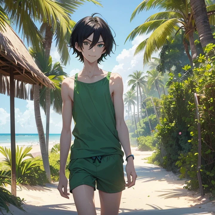 Anime Style, Character Design, HD, Best Quality, Masterpiece, High Details, High resolution, fantasy, carefully detailed, no deformities, character alone.
{{(1character: a 22 young man civilian:(pale skin, short black hair, he stands 1,88 meters tall, slender body complexion, green eyes, short nose, thin lips, handsom),(green shorts swimsuit),(kind smile, carefree demeanor, walking happy around the beach),(morning, pale blue sky, beach, sand, trees at the back))}}