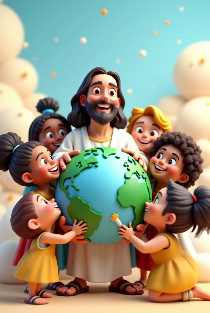 3d cartoon png of Jesus painting planet earth and children of various races looking happy