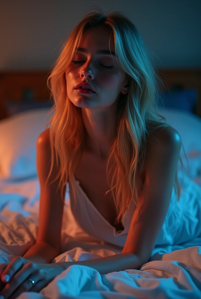 A beautiful blonde white girl  with ชุดนอนบางสีขาวเปียก and sit sexy on the bed, หลับตาและร้องไห้ อ้าปากด้วย, full body shot, movie lighting, glow, neon,