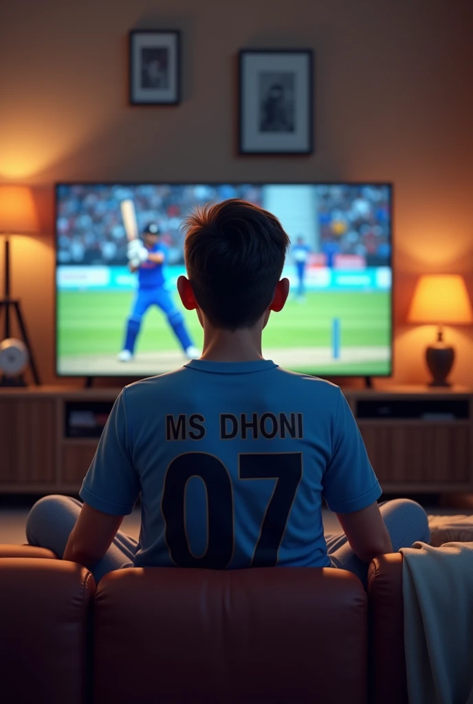 Aman watching msd in tv with Indian tshirt with name Aman rwt 07 number and in tv msd real