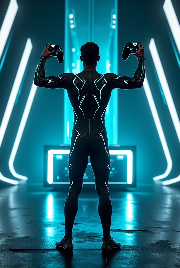 Man in Tron Legacy costume with his back turned with his arms raised and a PlayStation controller in his right hand and an Xbox controller in his left hand and in front of him a futuristic gaming PC
