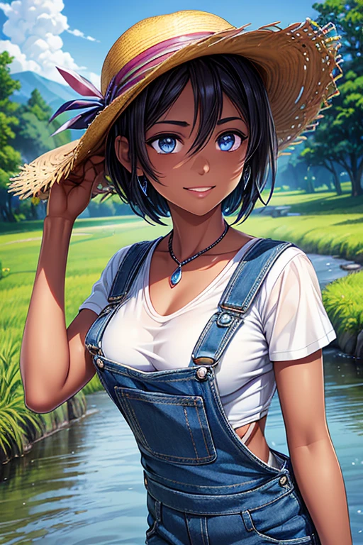 #Basics Girl posing for a photo, animeのcute少女, ((One Girl)), ((Baby Face:1.5)), ((cute:1.5)), (()),
break
#Clothing Accessories
(blue denim overalls:1.4) + (White shirt) + (Long blue denim jeans:1.4) + (barefoot) + ((Straw hat)),
((black gemstone earrings)), (Silver Necklace),
break
#Features
((Black Hair:1.2)), ((Pixie Cut Hair) : Very short hair + Curly hair ),
((Big eyes:1.4)), ((blue eyes)),
(Small breasts:1.2), (中性的な顔のFeatures),
(Tanned dark skin:1.3),
break
#background environment
((noon, Rural landscape + Riverside + blue sky)),
#Facial Expression Pose
((Wicked Smile:1.2)), ((hand on headwear, Playing in the river)),
#composition
((Side angle:1.2)), ((Cowboy Shot)),
break
#Body parts elements
(Slim figure),
(Symmetrical facial features),
(Detailed Hair, Beautiful Hair, Shiny Hair),
(double eyelid, Long eyelashes, Thin eyebrows:0.5),
(Detailed eyes), (Beautiful Eyes), (Sparkling eyes), Glitter Eyeliner,
(Human Ear),
(Beautiful Nose, Thin Nose),
(Glossy Lips, Beautiful Lips, Thick lips),
(Detailed skin, Textured skin, Beautiful Skin, Oily skin),
break
#quality
(((最高quality)), ((masterpiece:1.3)), ((Very detailed))), ((Ultra-high resolution)), ((16K)), ((1080P)), ((Full HD)),
((Anatomically correct)), ((Realistic)), (3DCG), ((Oil painting)),
((comics, anime)), (CG illustration), (RAW Photos),