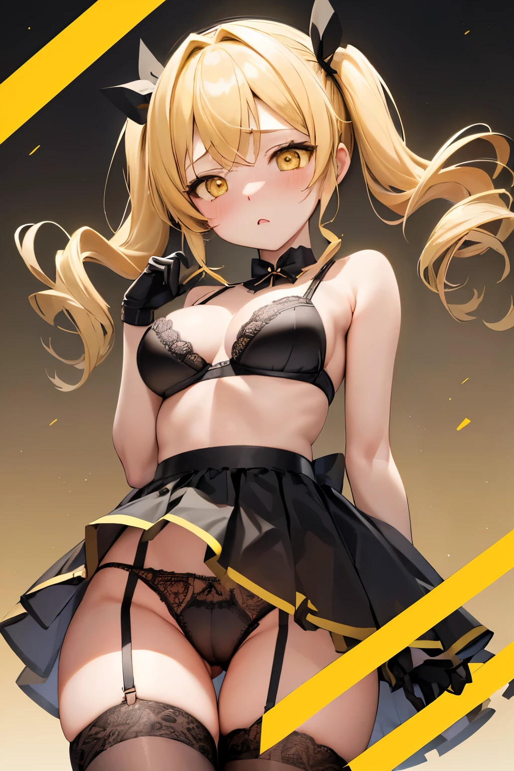 (Highest quality:1.2), alone, One woman, Tomomi, blonde hair, drill hair, twin drills, (yellow eyes:1.3)、(blush:1.1), Embarrassing, View your viewers, ((Black Bra))、((Black Panties))、((Black long gloves))、((Garter Stockings))、((Photo from below))、
