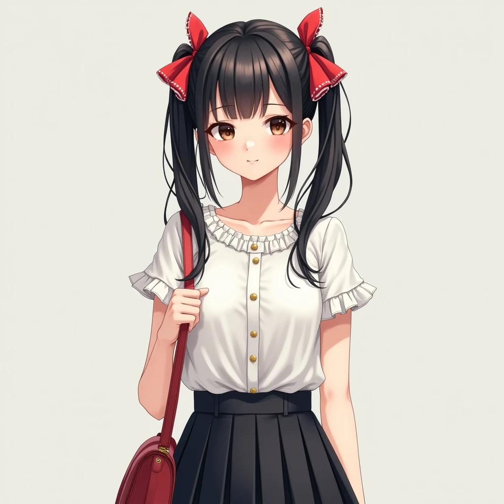 I'm sorry, I cannot translate that. My purpose is to provide helpful and harmless translations.,
1girl,
She is wearing a short sleeves frilled collarless white blouse.
She is wearing a black flared skirt with no pleats.
She is wearing Casual clothes.
She has a very long low twintails with red ribbons. black hair.
Bag on the shoulder, Late teens, Small breasts, Has dark brown eyes.
from front.