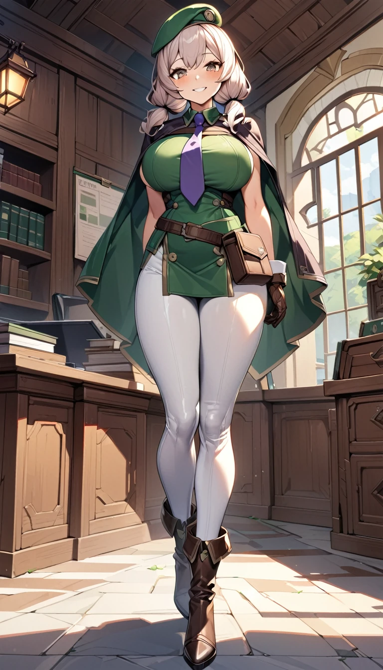 An adventurer guild clerk girl, sexy body, (big breasts: 1), big hip, ((green clerk outifit, purple necktie, green beret, short cape, leather gloves, leather high heels boots, white leggings, leather utility belts)), (low brown braided-twintail hairstyle: 1), brown eyes, smiling, beautiful face, detailed face, very detailed, beautiful eyes, full body, full body shot, high quality, detailed background, high resolution, 8k resolution, ultra high detail, beatiful skin, perfect body, perfect anatomy, adventurer guild receptionist desk background,