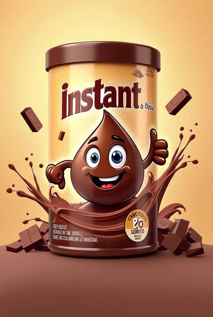 Now create packaging for my chocolate drink called instant plus and with a mascot that matches the chocolate drink