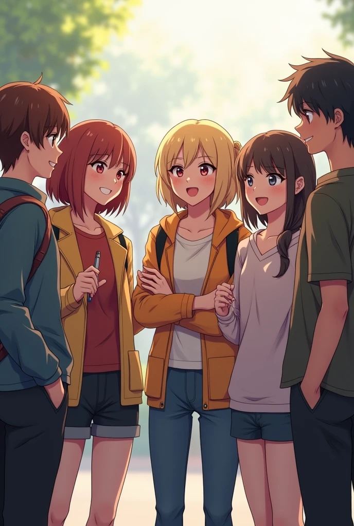 four girls and two guys standing and they are talking