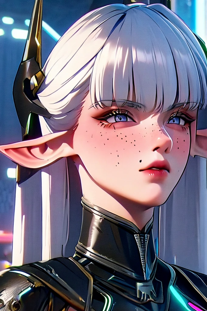 a close up of a female, pastel goth, big elf girl with freckles, light grey eyes, pointy ears, freckles, many freckles on face, white horns, unreal 5. rpg portrait, 8k portrait render, unreal engine 5, beautiful female elf, unreal engine character art, female character, female lead character, there is a woman in a black leather outfit posing for a picture, goth cybersuit, wearing techwear and armor, cybersuit, dark natasha, cyber suit, clothed in sci-fi military armor, cybersuits, diverse cybersuits, cyberpunk 2 0 y. o model girl, in a dark space mercenary outfit, cyberpunk gorgeous goddess