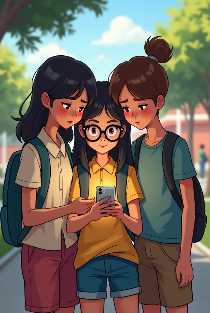A nerdy girl with her 2 friends looking at their phone at recess