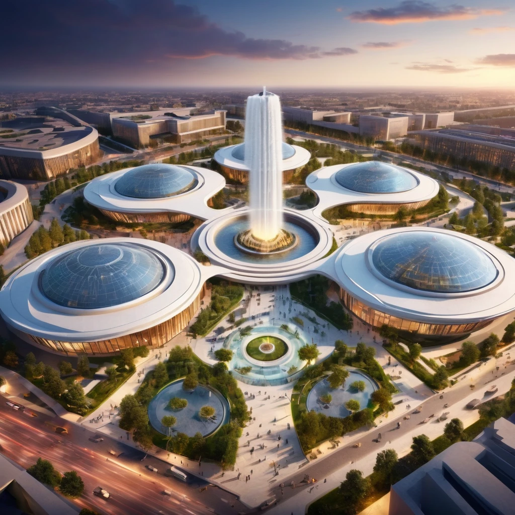 Complex of three gigantic structures surrounding a plaza with a fountain in the middle, futuristic design, eco style, aerial view, Soft lighting, Very detailed,HD,8k, This fulfills the function of being a highly demanded academic institute