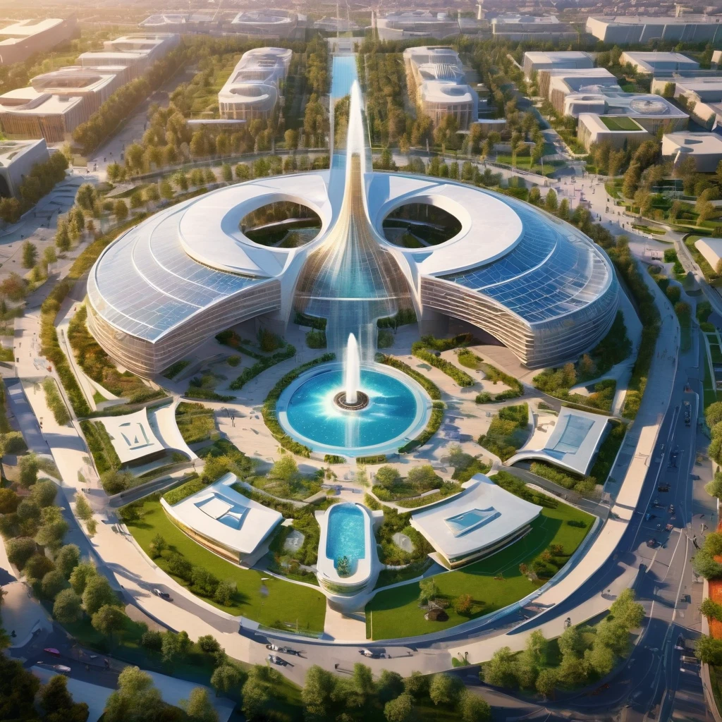 Complex of three gigantic structures surrounding a plaza with a fountain in the middle, futuristic design, eco style, aerial view, Soft lighting, Very detailed,HD,8k, This fulfills the function of being a highly demanded academic institute