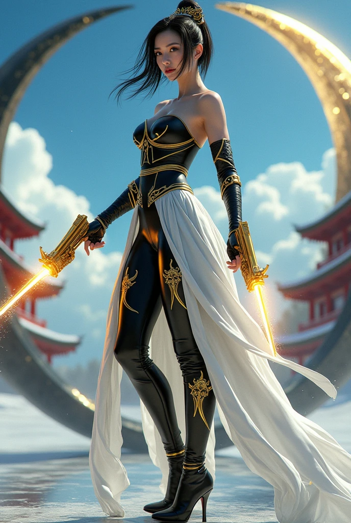(masterpiece, best quality, beauty, best ratio, best shadows,best Illustration, wallpaper size,1080×2400 pixels,detailed face,pastel colors)
uhd, china female kungfu, korean beauty like tae yon, dancing, full posture fully visible, shining blue eyes, windblown short hair, wear black and white full armory leather, gold boots, hand holding dual gold gun emits gold energy, standing on the yin yang big pallete. blue sky, big red pagoda and snowflake seen on far away. use the RenderMan renderer.digital art.High definition, high contrast, high color saturation ,128k,cinematic lighting, intricate,cinematic advertising photograph,cinema lens,high res.