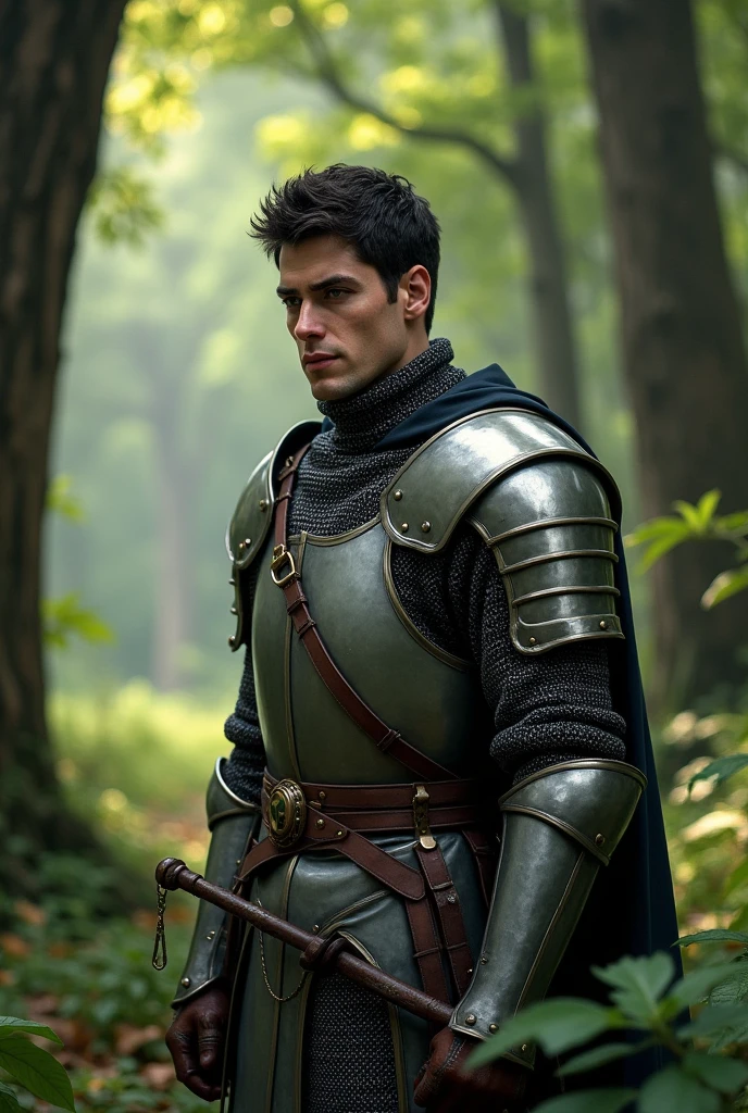 Create the image of a man, pale, muito pale, blackquality hair, and brown eyes in medieval soldier clothing wearing light armor, at a forest