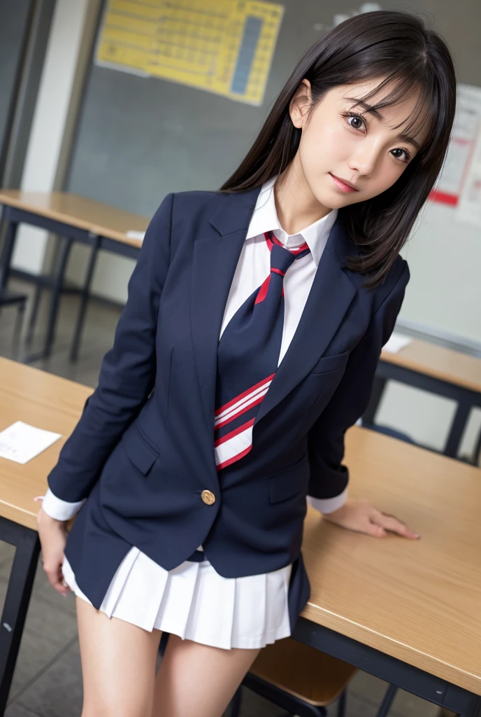 School classroom。A uniform with white underwear showing from under the skirt: Navy blue blazer、White shirt、Red tie、Purple pleated skirt、Black Loafers。Appearance: Straight black hair, shoulder length、A clean and friendly impression、Brown eyes、Slightly light makeup。Her chest is a D cup。expression: 気が抜けたようなexpression