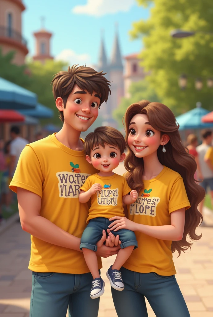 A family with matching men's T-shirts, woman D child A