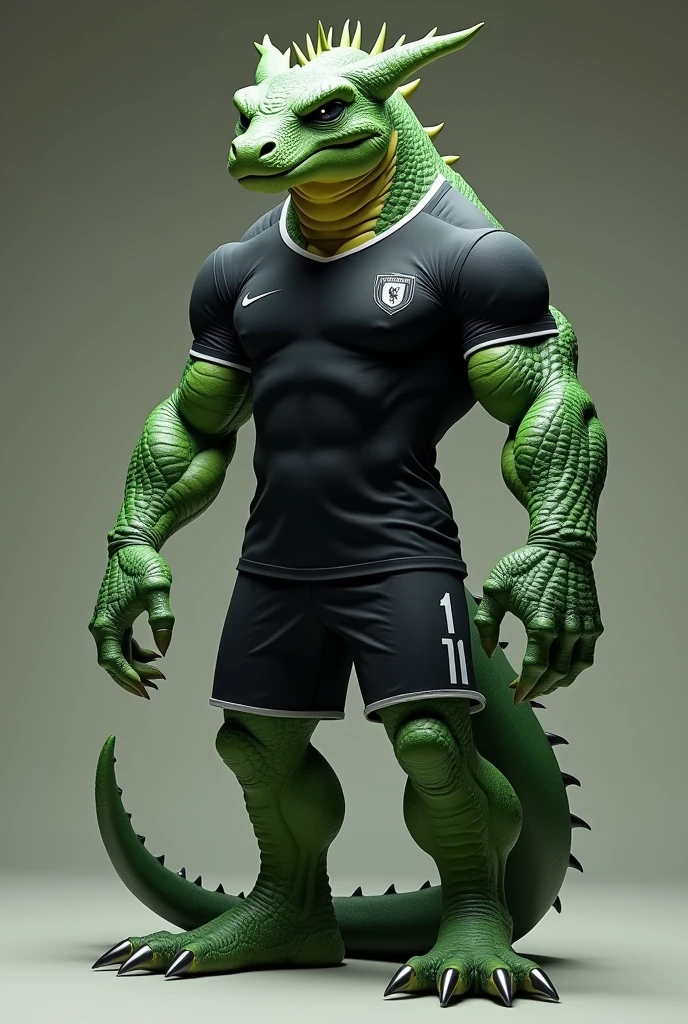 Hornless and wingless green dragon with muscular human body wearing black shirt and black soccer uniform
