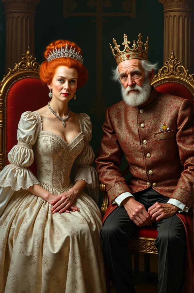 An old lady with orange hair and an old man, Queen and King in an official royal photo