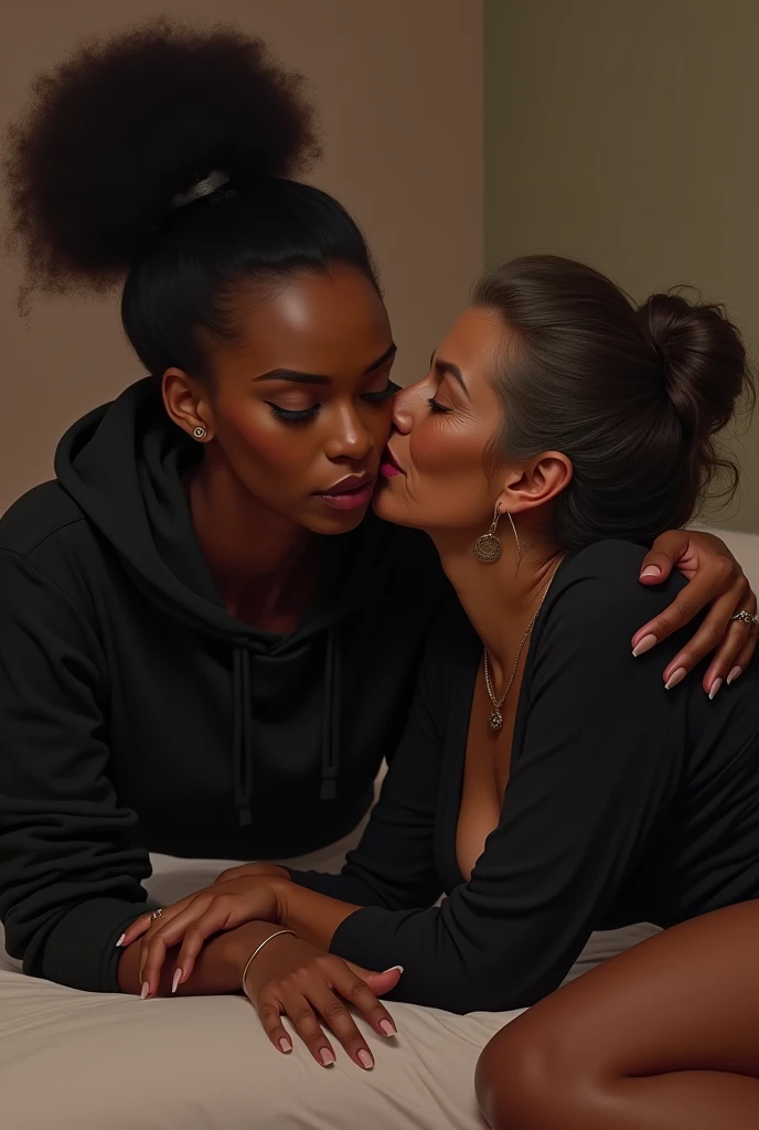 black woman hair in a bun black hoodie black leather short shorts laying on her belly in the bed and old ugly woman laying on top of her kissing her neck
