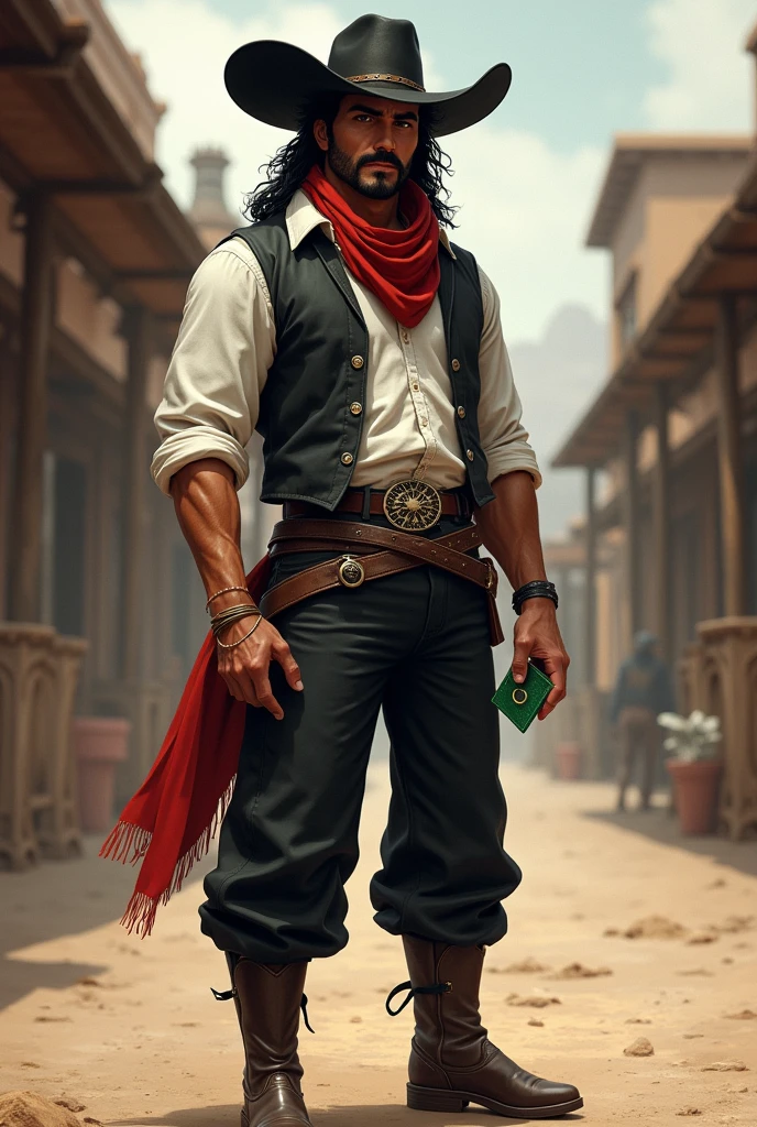 Make a full body art of a well-groomed adult Mexican street vendor with long, messy dark hair and a neat mustache and goatee. He wears a dark vest and a plain white shirt. He wears a black hat. He wears black pants with a buckle. A red scarf is wrapped around his neck and boots with spurs. He holds a green deck of cards in one hand, while the other hand is in his pocket. The character should be styled in a fantasy RPG art style, set in the Wild West. He is mature men end art.