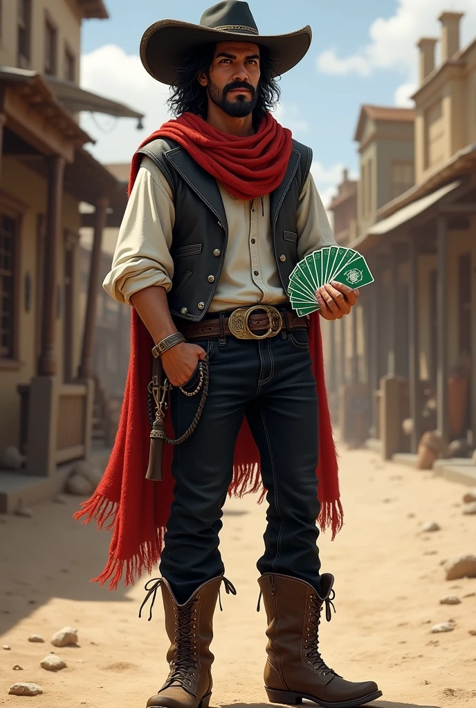 Make a full body art of a well-groomed adult Mexican street vendor with long, messy dark hair and a neat mustache and goatee. He wears a dark vest and a plain white shirt. He wears a black hat. He wears black pants with a buckle. A red scarf is wrapped around his neck and boots with spurs. He holds a green deck of cards in one hand, while the other hand is in his pocket. The character should be styled in a fantasy RPG art style, set in the Wild West. He is mature men end art.