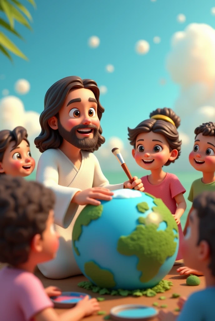3d cartoon png of Jesus painting planet earth with paintbrush children of various races looking happy
