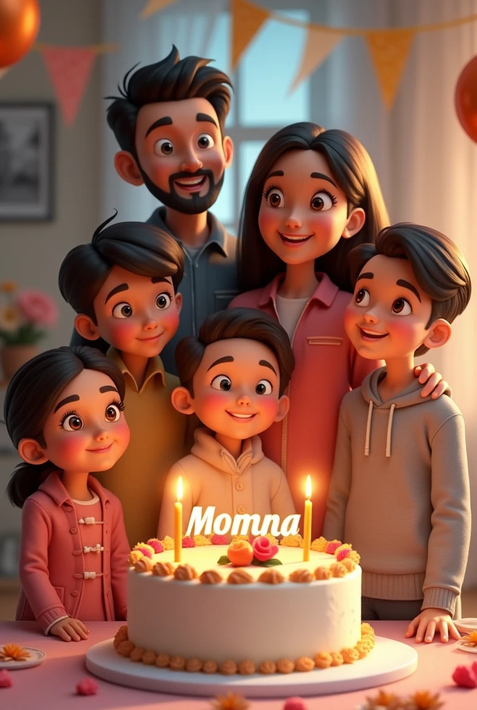 I want a Pic in which two brothers two sisters father mother family and it's birthday of my elder sister whose name is momna written on a cake and background also beautiful cake beautiful background birthday wish